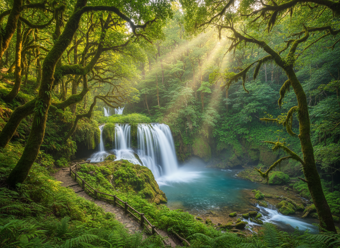 Bosque exuberante con cascada rodeada de naturaleza verde