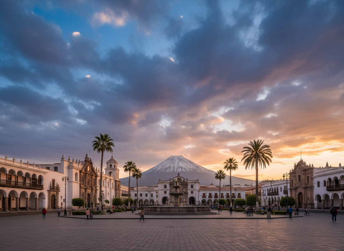 Arequipa La Ciudad Blanca, arquitectura colonial y el volcán Misti al fondo