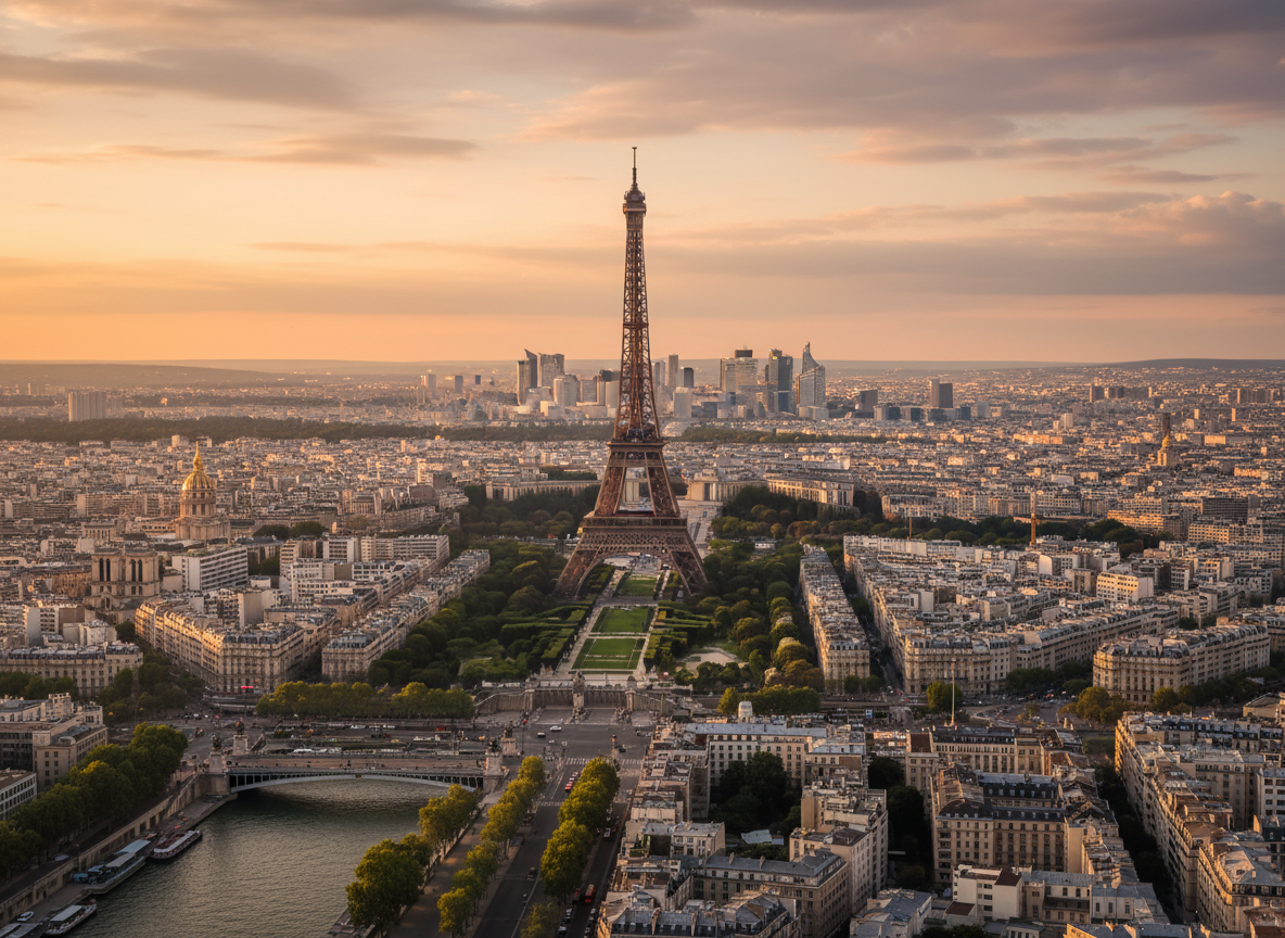 París Francia con la Torre Eiffel al atardecer, horizonte romántico de la ciudad
