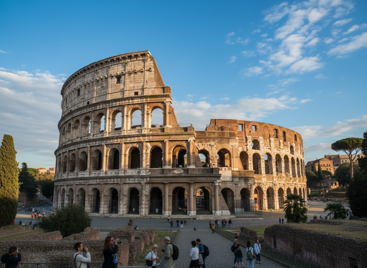 Coliseo de Roma Italia bajo un cielo azul, destino histórico del Mediterráneo