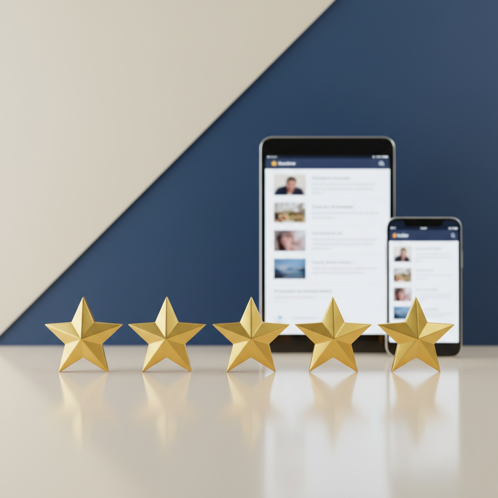 Imagen fotográfica realista de una sección web de “opiniones de clientes” representada sin personas ni texto, usando símbolos visuales. Sobre un fondo elegante en tonos marfil y azul profundo, cinco figuras de estrellas tridimensionales doradas descansan sobre una superficie pulida, con reflejos suaves. Detrás, una tableta y un teléfono moderno muestran, desenfocados, interfaces de reseñas con bloques y líneas abstractas que sugieren comentarios. Luz suave de estudio, frontal y ligeramente lateral, resalta brillos metalizados y crea un ambiente confiable y sofisticado. Toma ligeramente elevada, composición limpia y minimalista, perfecta para evocar la idea de valoraciones positivas de la agencia de viajes en Ate.