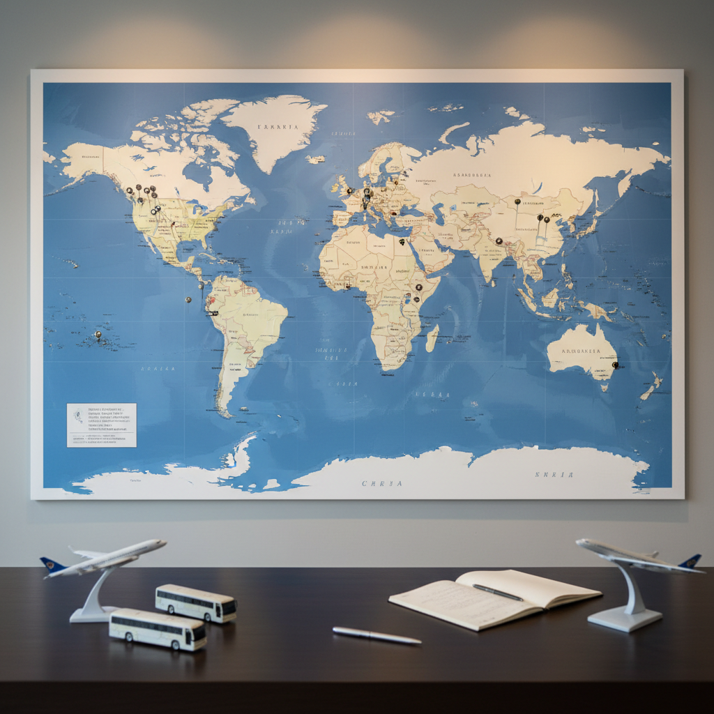 Escena fotográfica de un gran mapa mural de Perú y el mundo colocado en una pared moderna dentro de una agencia de viajes en Ate, Lima, Perú. Encima del mapa, pequeños pines metálicos brillantes marcan destinos como Cusco, Arequipa, la selva peruana, playas caribeñas y capitales europeas. En primer plano, sobre una mesa de madera oscura, se observan maquetas detalladas de aviones y buses turísticos, junto a un cuaderno abierto y un bolígrafo fino, representando la planificación de paquetes. Luz cálida de techo crea un ambiente acogedor y profesional, con sombras suaves. Composición en regla de tercios, enfoque nítido en el mapa y estética fotográfica sofisticada.