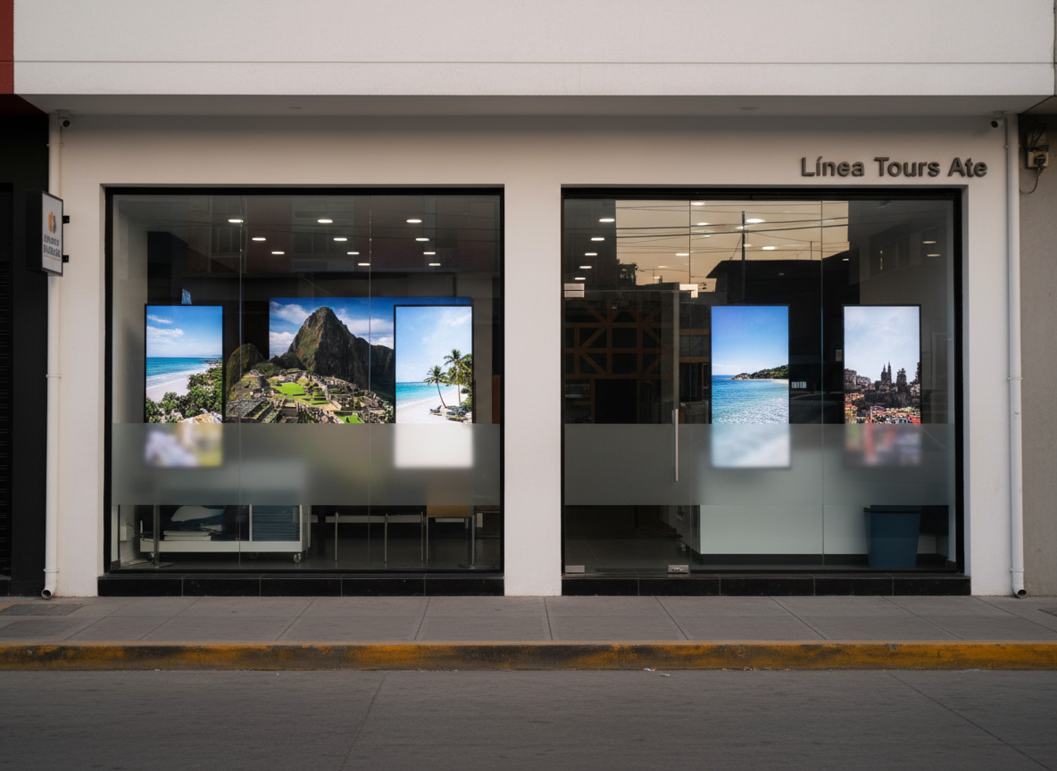 Imagen fotográfica realista del elegante frontis de una agencia de viajes llamada “Línea Tours Ate” en Ate, Lima, Perú. El local luce una fachada moderna con vidrio templado limpio y marcos metálicos oscuros, sobre una vereda urbana ordenada. En el interior, visible a través del cristal, se distinguen pantallas con paisajes de Machu Picchu, playas del Caribe y ciudades europeas, ligeramente desenfocadas. La luz de tarde limeña, suave y difusa, ilumina la escena y genera reflejos discretos en el vidrio. Composición a nivel de calle, con líneas rectas y estética sofisticada y limpia, transmitiendo profesionalismo y confianza sin mostrar personas ni texto legible.